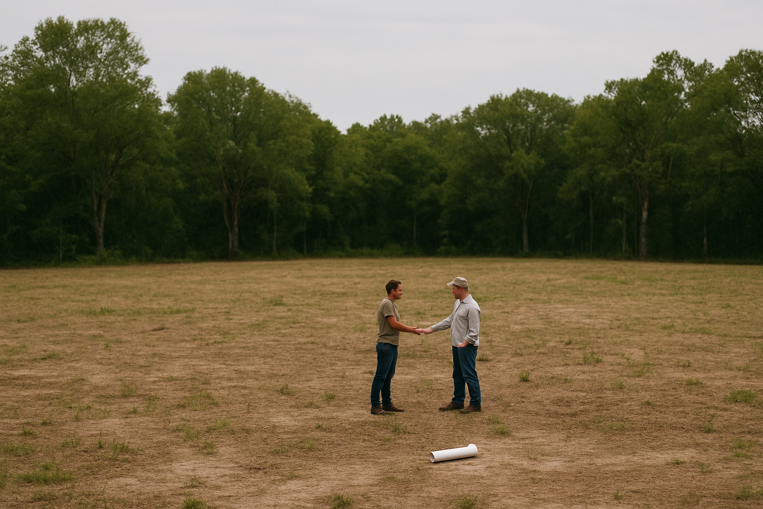 Developer and landowner shaking hands on undeveloped Florida land with trees in the distance